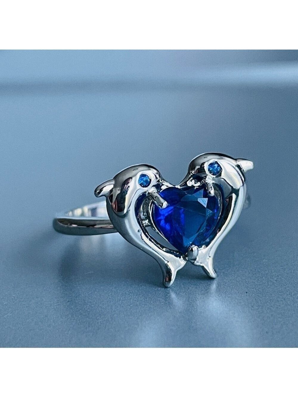 Lab Sapphire Heart 2 Dolphins Sterling Silver Ring Beach Ocean Summer - Picture 2 of 9